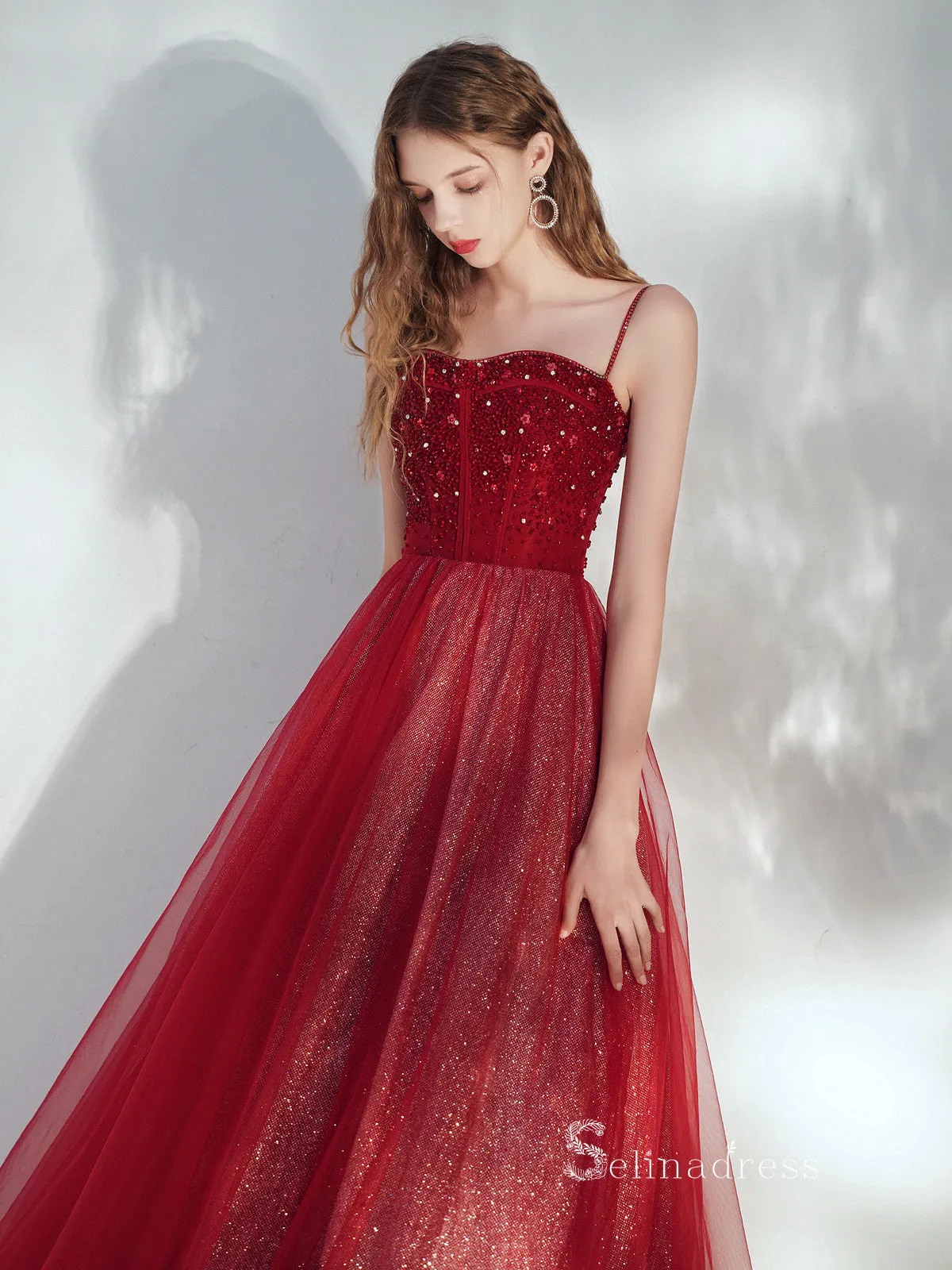 Chic A-line Spaghetti Straps Long Prom Dresses Red Graduaciones Dress CBD104