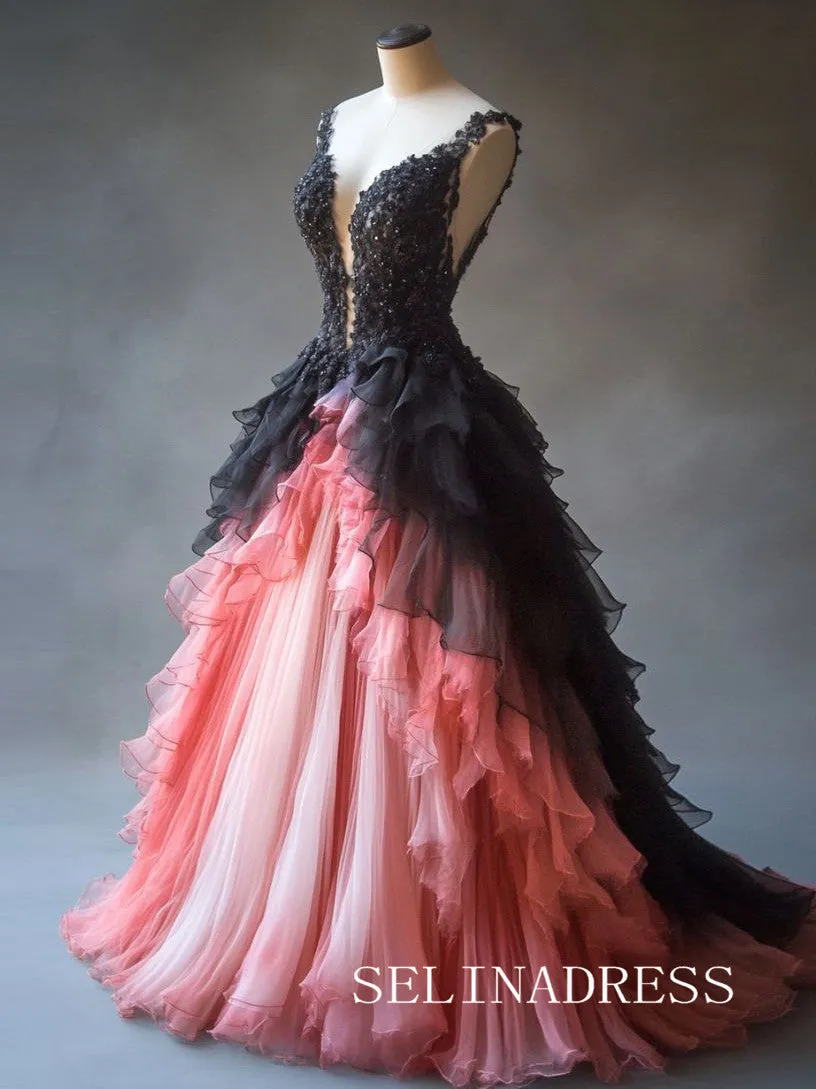 Chic A-line Straps Pink Black Long Prom Dress Applique Lace Mutil Layered Evening Dress JKL3002