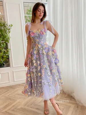 Chic A-line Straps Spring Long Prom Dress 3D Floral Beautiful Evening Gown #OPW033