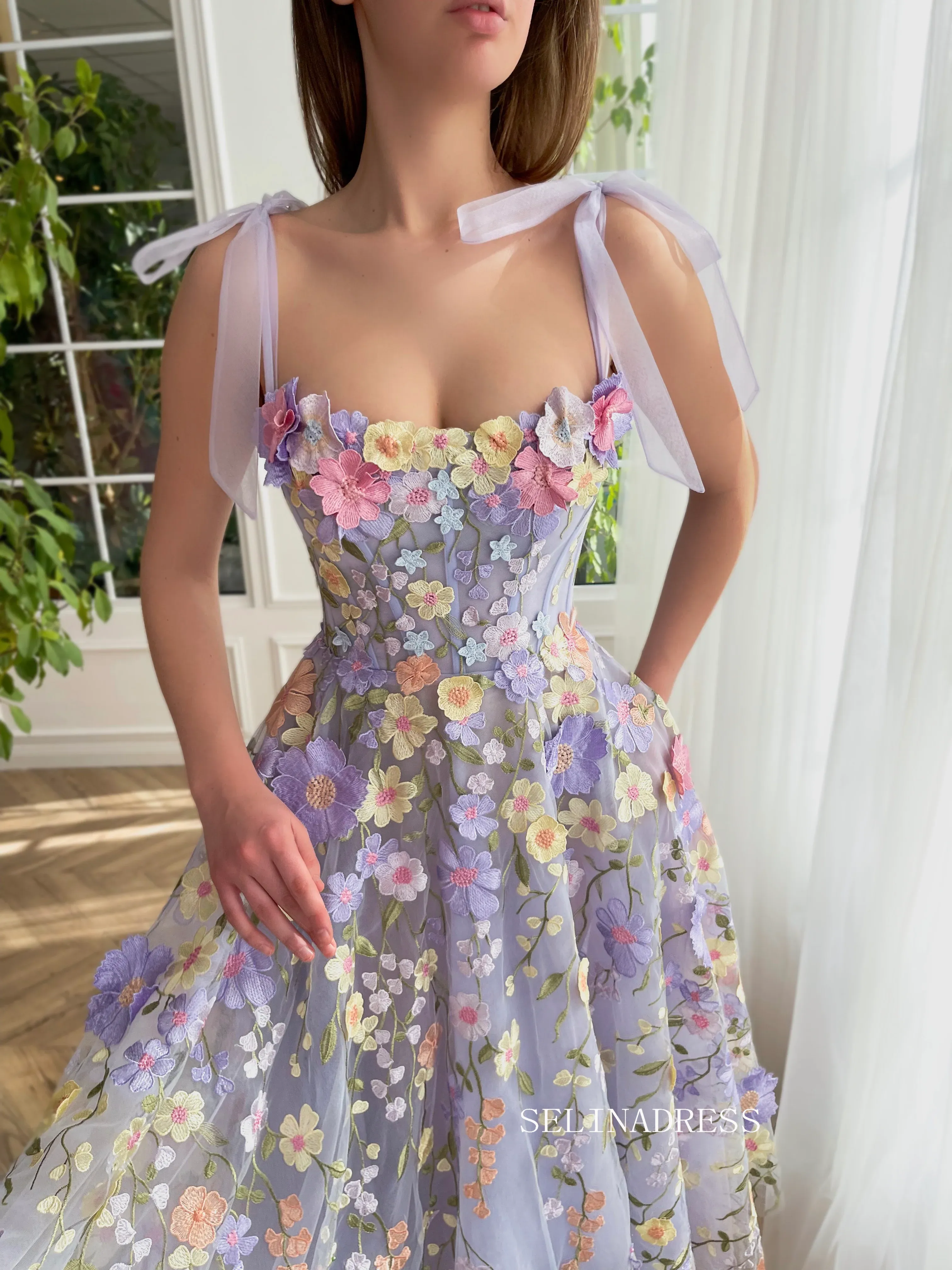 Chic A-line Straps Spring Long Prom Dress 3D Floral Beautiful Evening Gown #OPW033