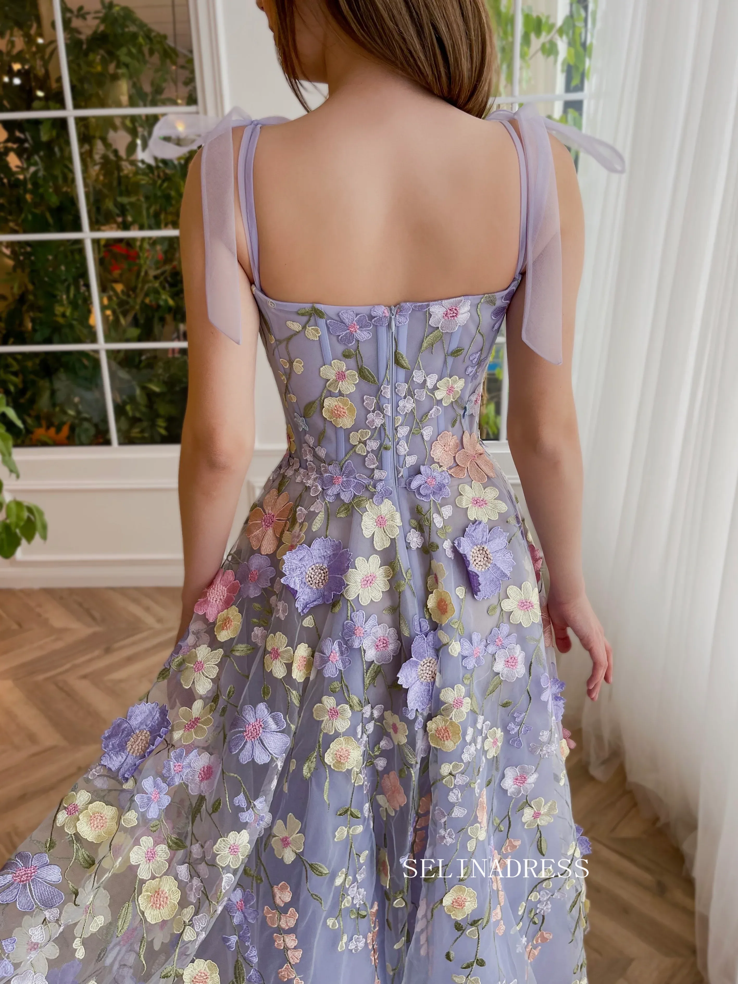 Chic A-line Straps Spring Long Prom Dress 3D Floral Beautiful Evening Gown #OPW033