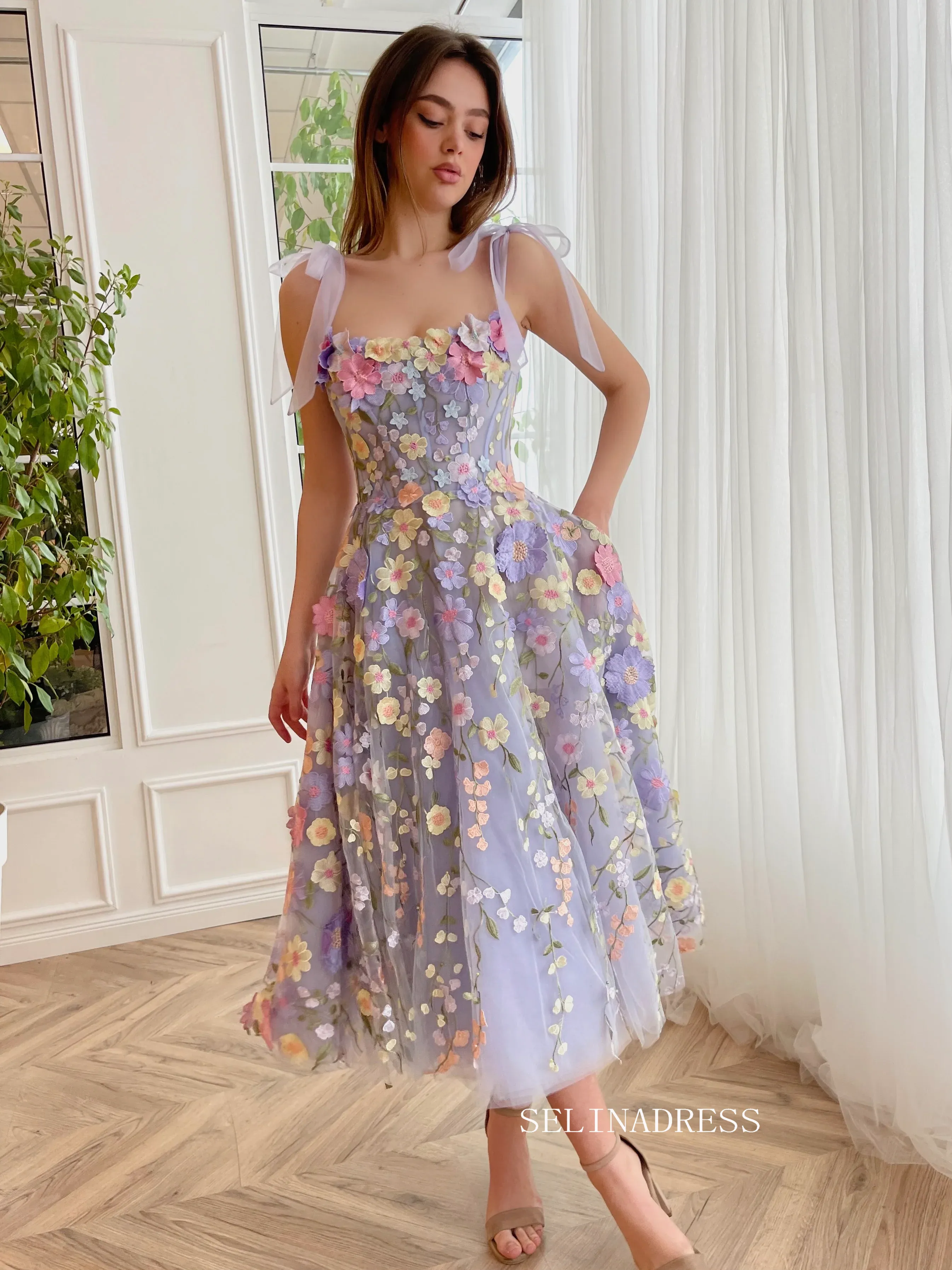 Chic A-line Straps Spring Long Prom Dress 3D Floral Beautiful Evening Gown #OPW033