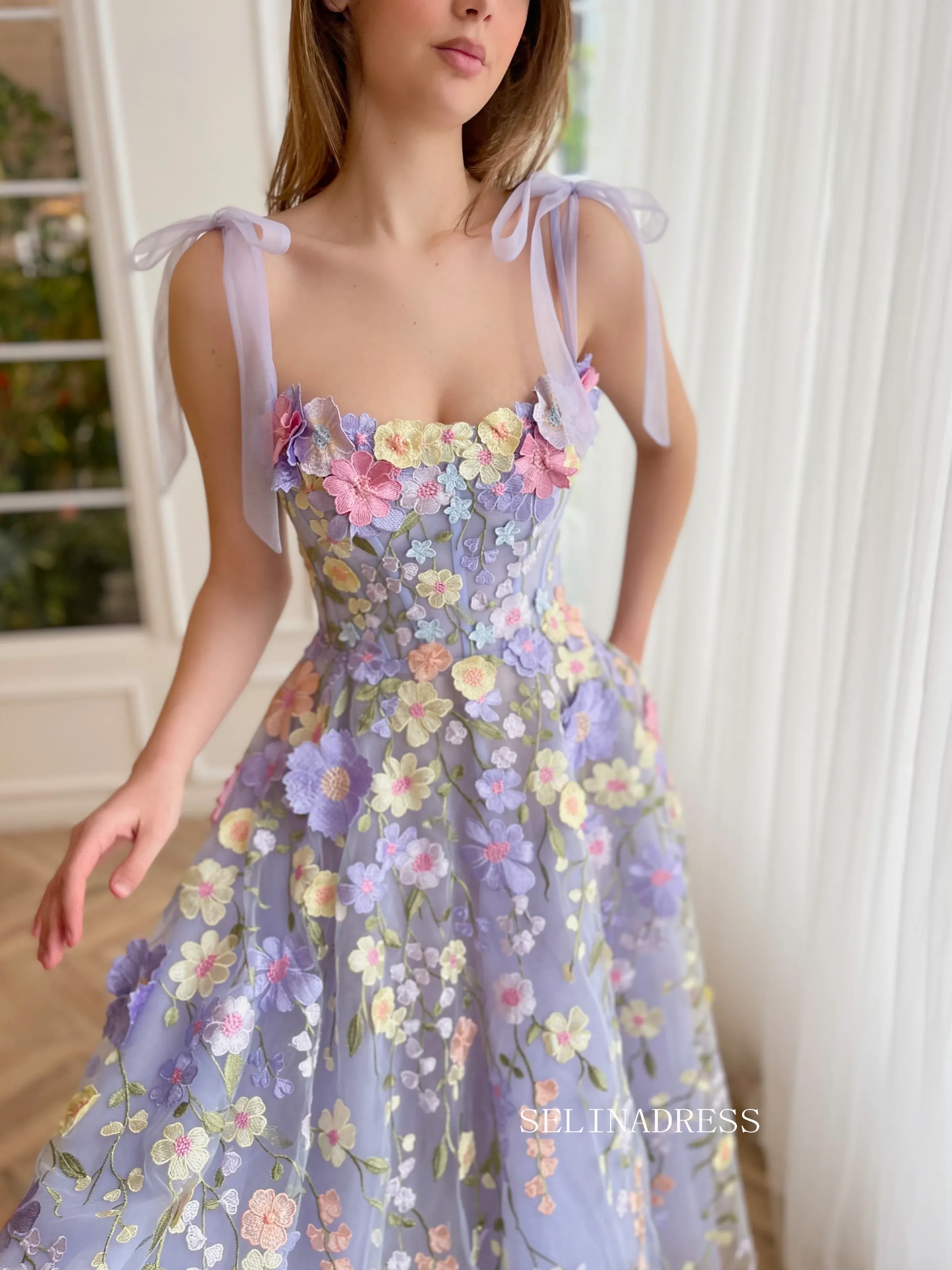 Chic A-line Straps Spring Long Prom Dress 3D Floral Beautiful Evening Gown #OPW033