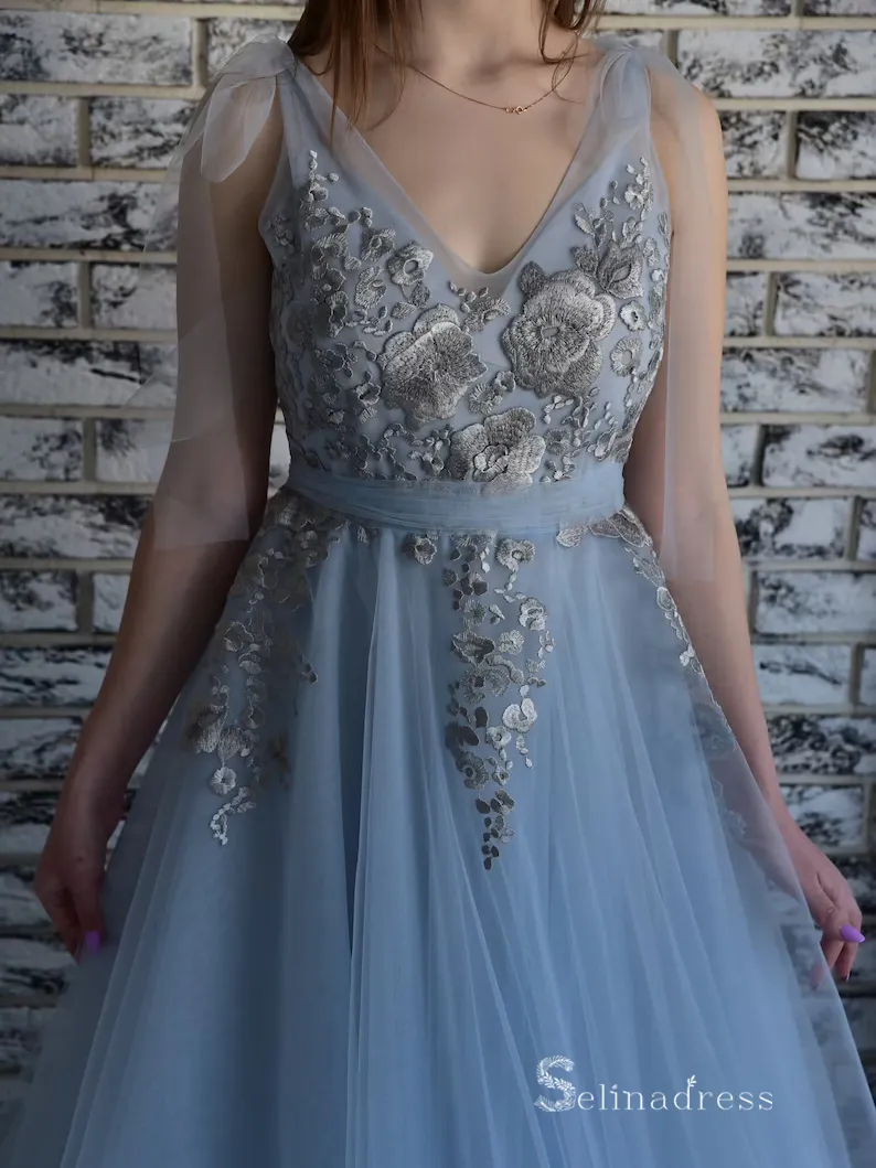 Chic A-line V neck Blue Long Prom Dress Embroidery Lace Long Evening Gowns MLH0469