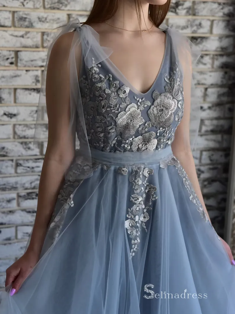 Chic A-line V neck Blue Long Prom Dress Embroidery Lace Long Evening Gowns MLH0469