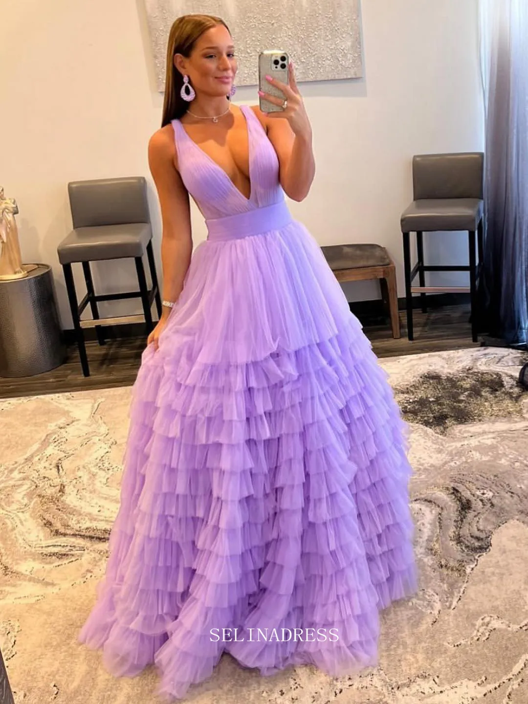 Chic A-line V neck Lilac Prom Dresses Tulle Long Evening Dress Ruffles Formal Dresses TKL079