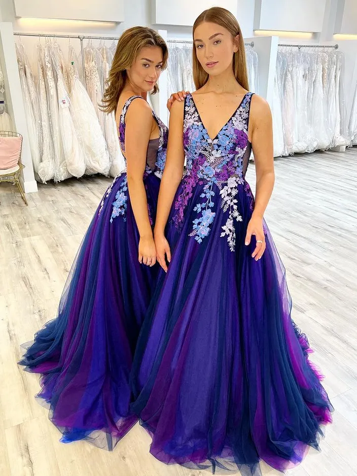 Chic A-line V neck Royal Blue Prom Dresses Long Embroidery Evening Gowns MSK013