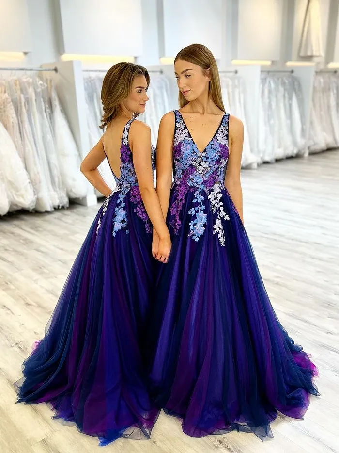 Chic A-line V neck Royal Blue Prom Dresses Long Embroidery Evening Gowns MSK013