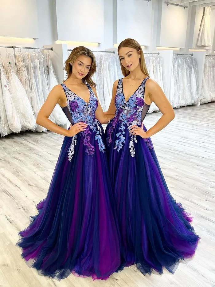 Chic A-line V neck Royal Blue Prom Dresses Long Embroidery Evening Gowns MSK013