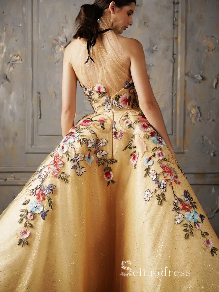 Chic Ball Gown High Neck Gold Long Prom Dresses Embroidery Evening Gowns MHL172