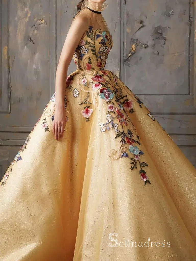 Chic Ball Gown High Neck Gold Long Prom Dresses Embroidery Evening Gowns MHL172