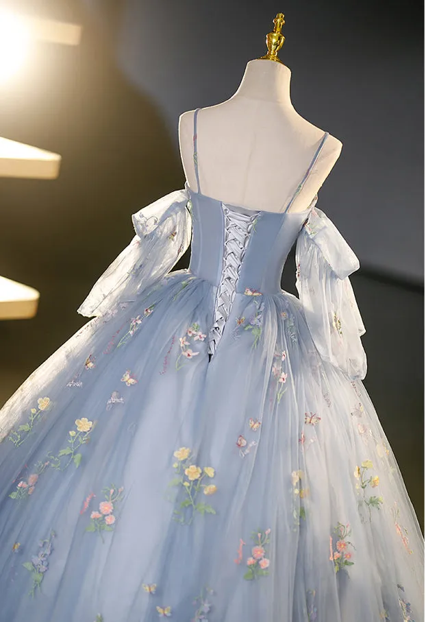 Chic Beautiful Blue Ball Gown Elegant Princess Dress Floral Lace Evening Dress #LOP286