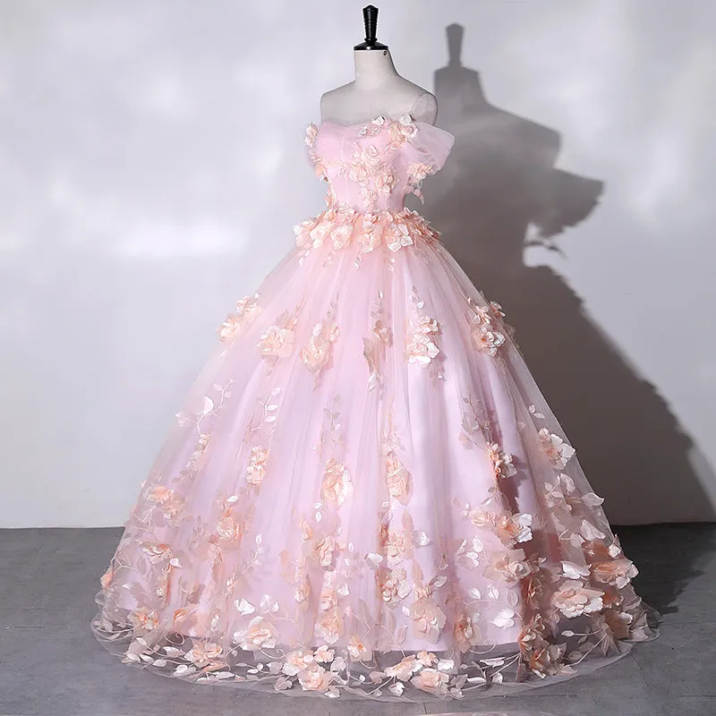 Chic Beautiful Pink Ball Gown Elegant Princess Dress 3D Floral Lace Evening Dress #LOP285