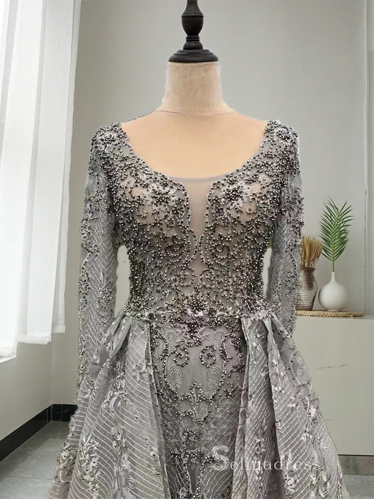 Chic Luxury A-line Long Prom Dresses Long Sleeve Lace Evening Dresses MLH0480