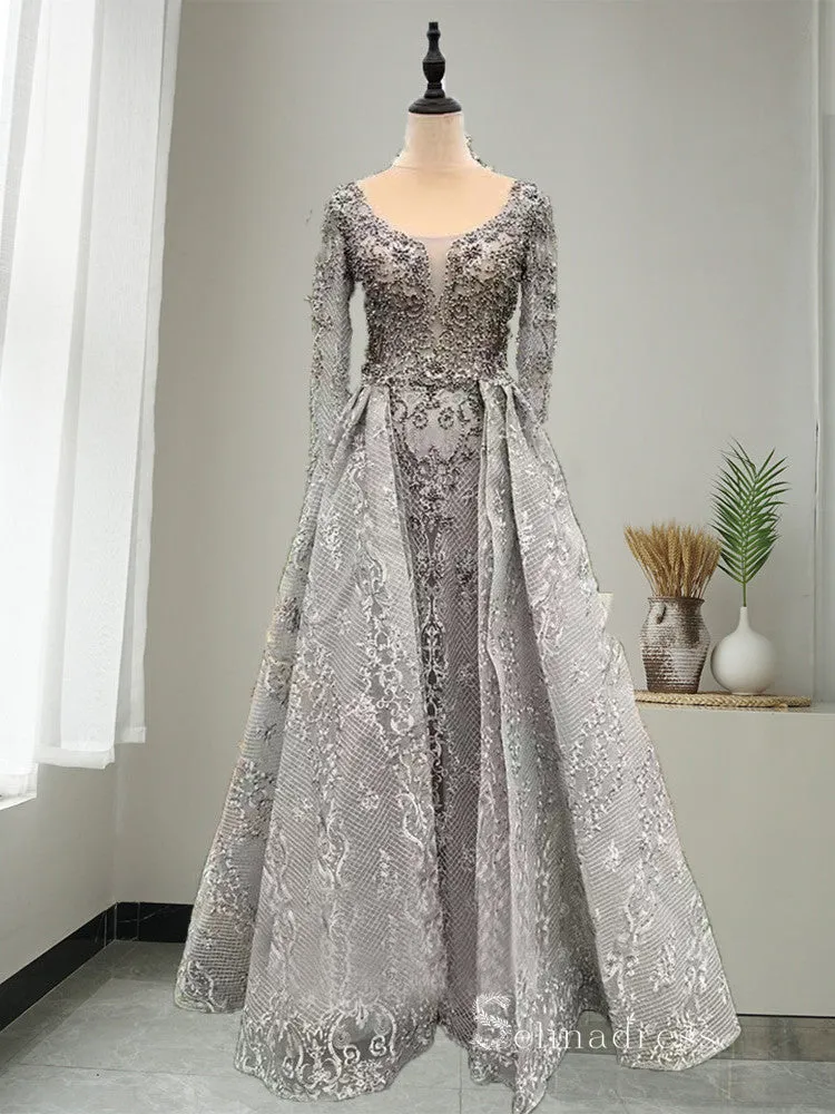 Chic Luxury A-line Long Prom Dresses Long Sleeve Lace Evening Dresses MLH0480