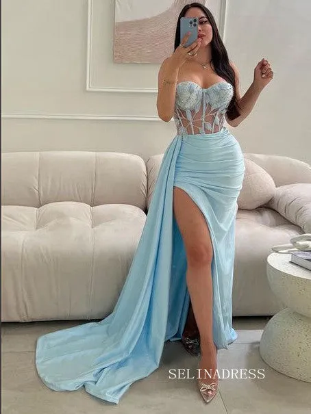 Chic Mermaid Sweetheart Light Sky Blue Long Prom Dresses Cheap Evening Dress SEW0202