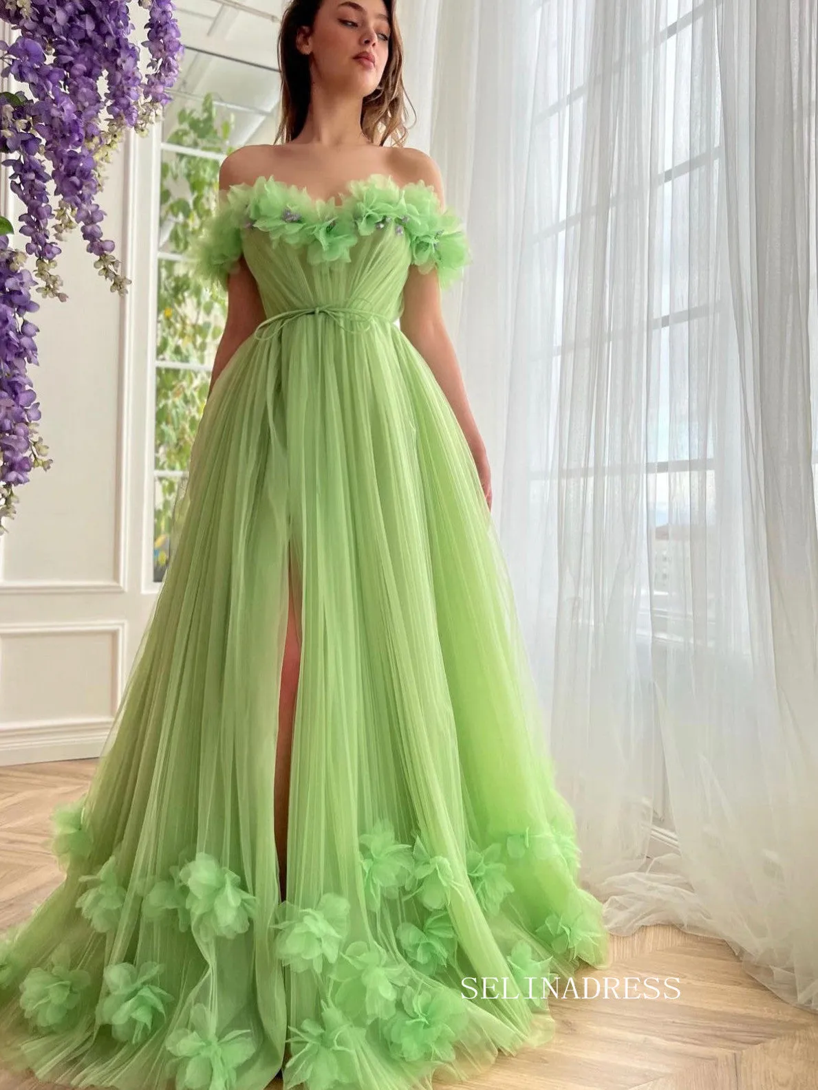 Chic Off-the-shoulder A line Long Prom Dress Green Tulle Party Dress JKL3123