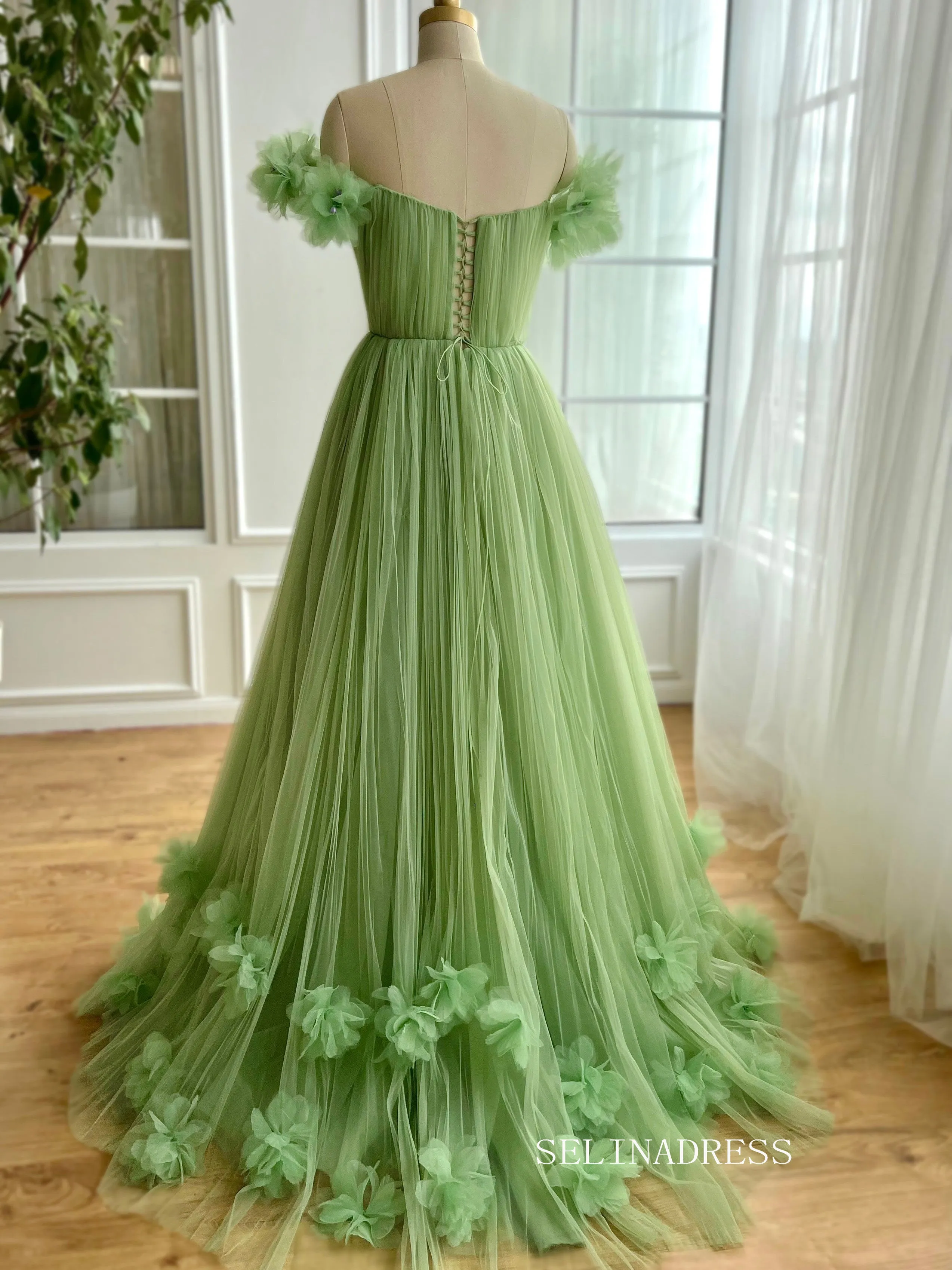 Chic Off-the-shoulder A line Long Prom Dress Green Tulle Party Dress JKL3123