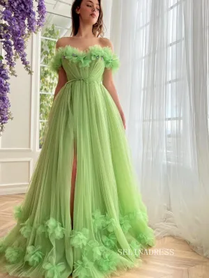 Chic Off-the-shoulder A line Long Prom Dress Green Tulle Party Dress JKL3123