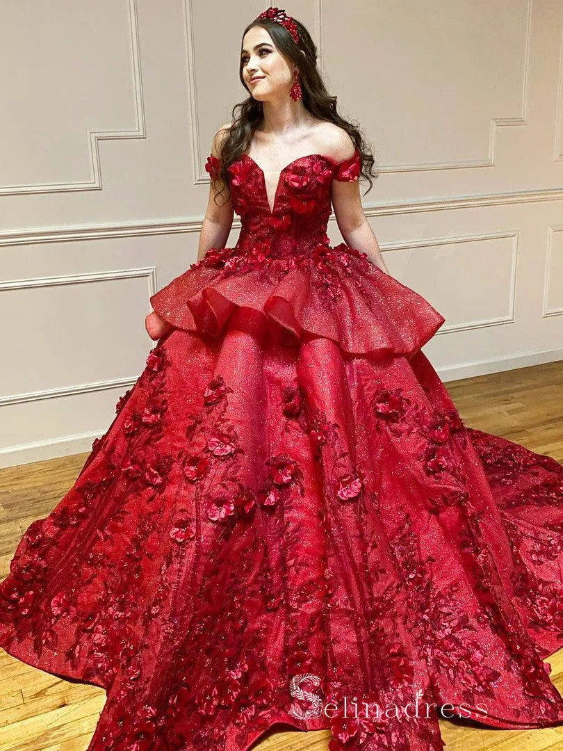 Chic Off-the-Shoulder Ball Gown Prom Dresses Applique Burgundy Evening Dress CBD378