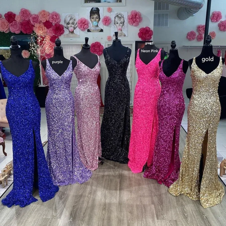 Chic Sheath/Column V neck Prom Dresses Sparkly Long Evening Dress Sequins Formal Dresses TKL093