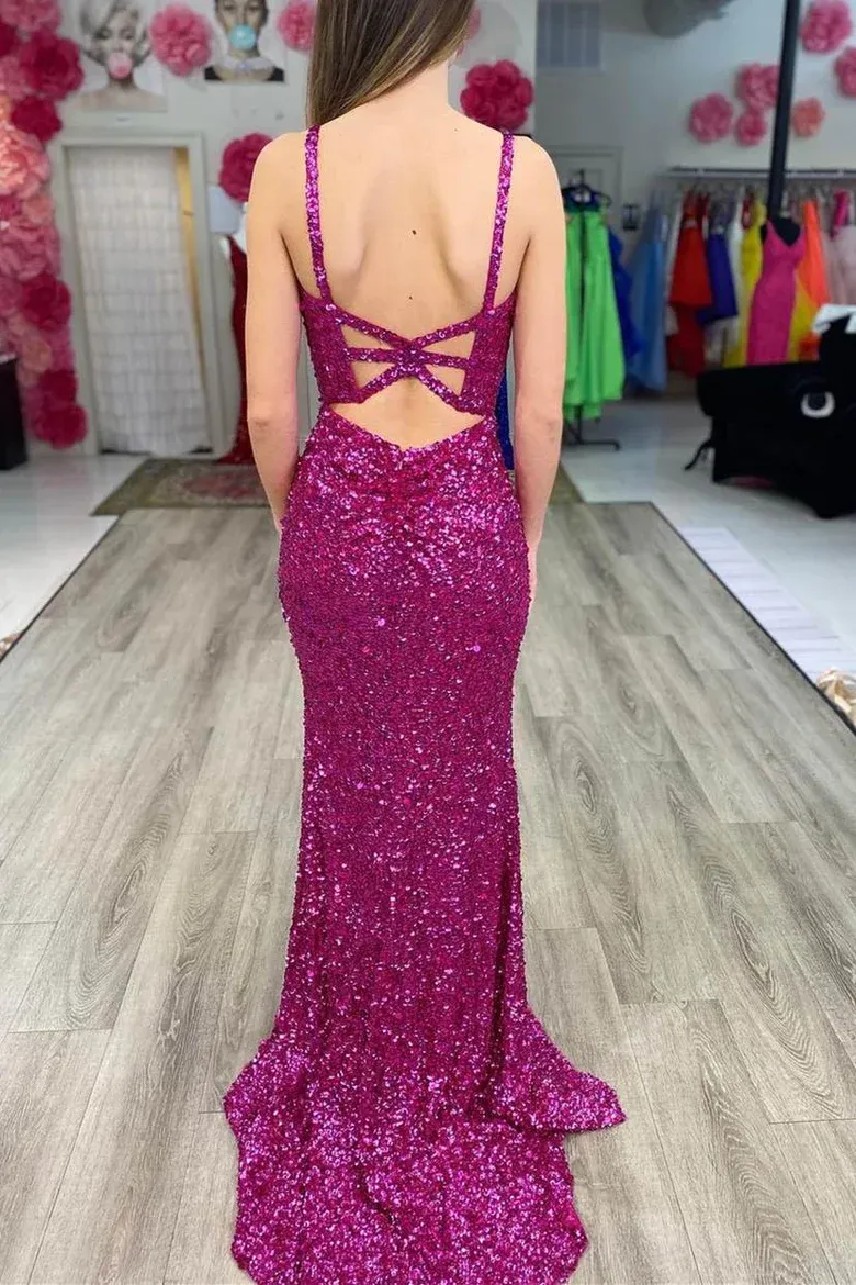 Chic Sheath/Column V neck Prom Dresses Sparkly Long Evening Dress Sequins Formal Dresses TKL093