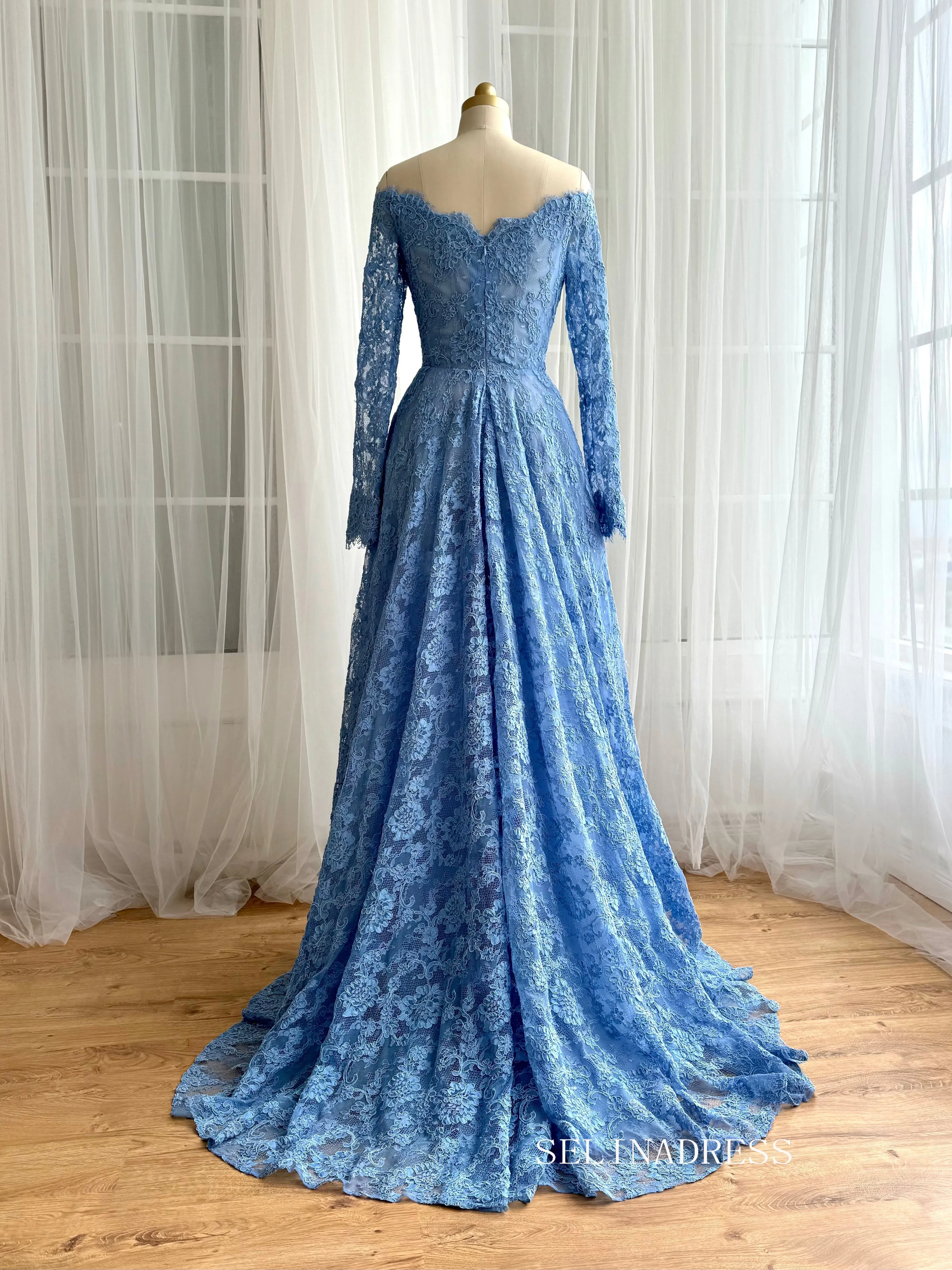 Chic Sky Blue Lace Long Prom Dresses Off-the-shoulder Long Sleeve Unique Evening Dress With Slit JKL3126