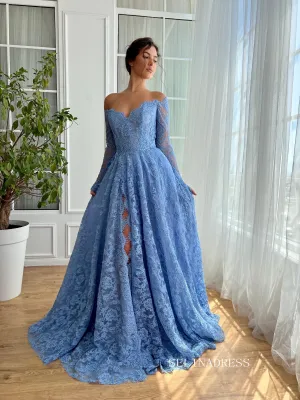 Chic Sky Blue Lace Long Prom Dresses Off-the-shoulder Long Sleeve Unique Evening Dress With Slit JKL3126