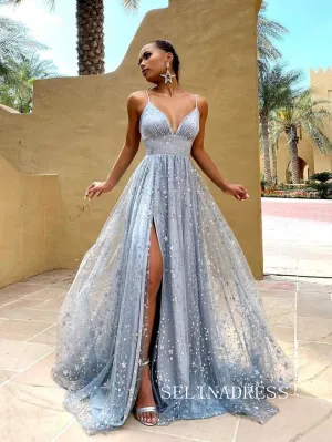 Chic Spaghetti Straps Glitter Evening Prom Gowns Dusty Blue Elegant Evening Dress SEW0165