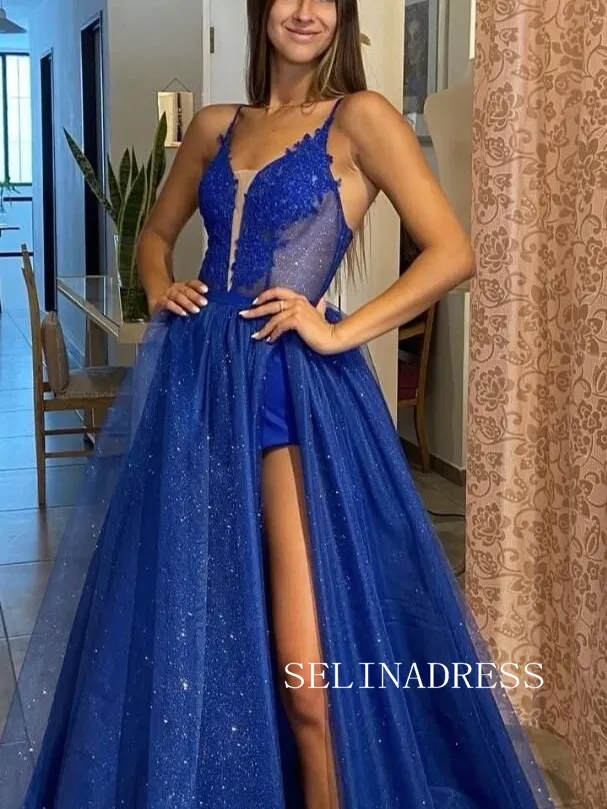 Chic Spaghetti Straps Lace Long Prom Dresses Elegant Royal Blue Formal Dresses TKH020