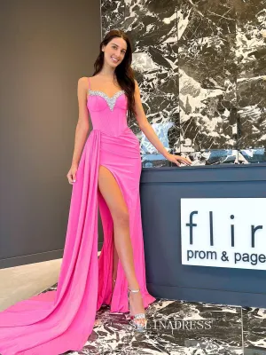 Chic Spaghetti Straps Mermaid Long Prom Dress Beaded Elegant Hot Pink Evening Dress #OPW013