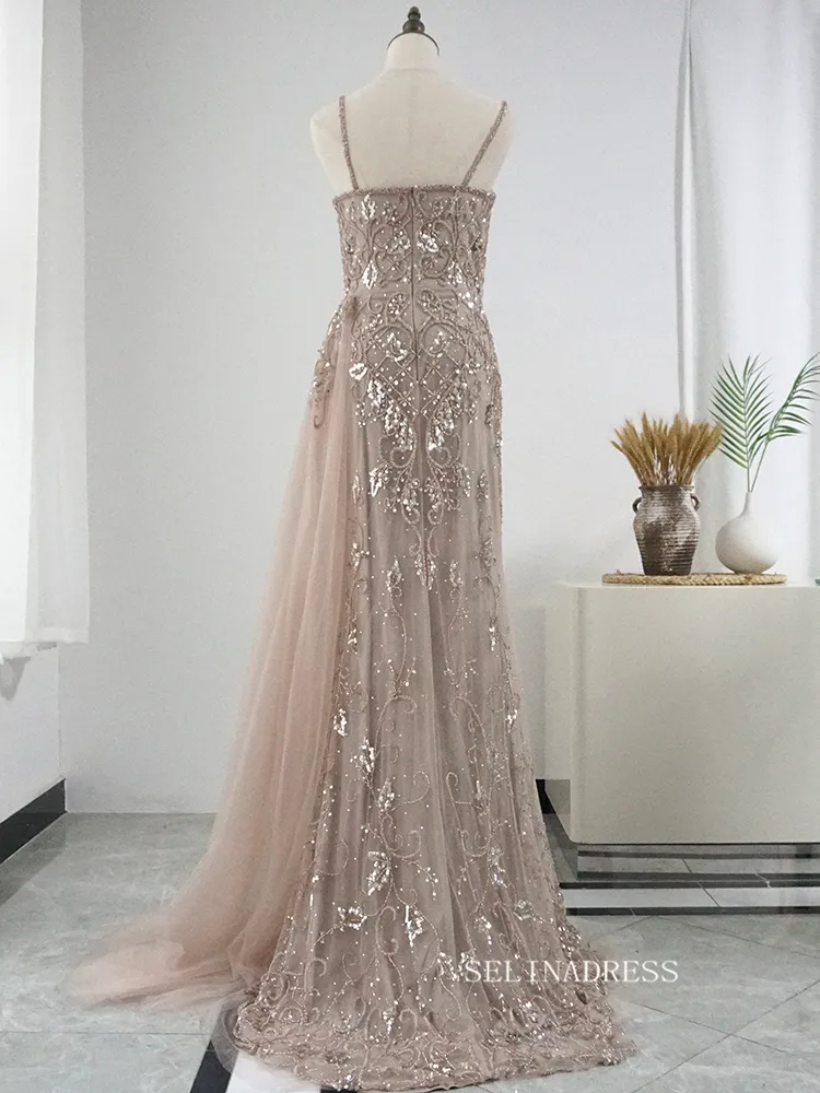 Chic Spaghetti Straps Sheath/Column Luxury Beaded Long Prom Dress Elegant Evening Dress #KOP001