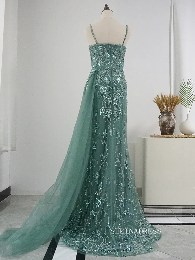 Chic Spaghetti Straps Sheath/Column Luxury Beaded Long Prom Dress Elegant Evening Dress #KOP001