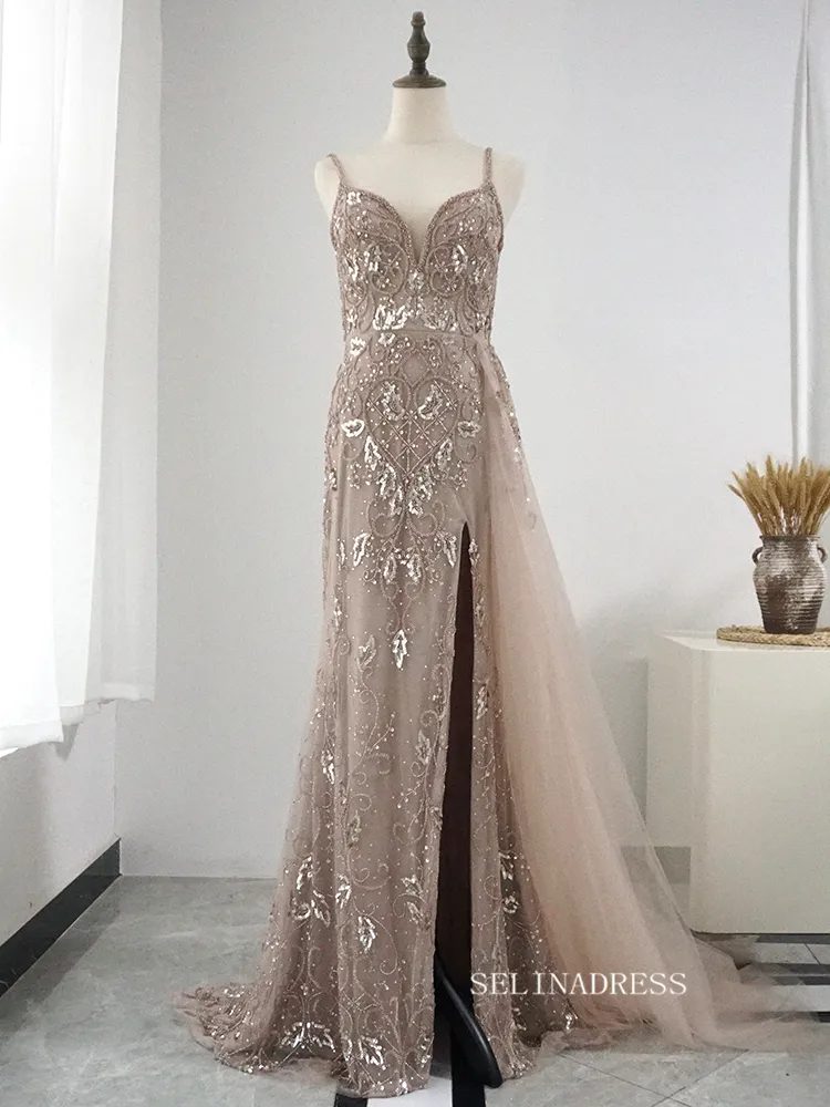 Chic Spaghetti Straps Sheath/Column Luxury Beaded Long Prom Dress Elegant Evening Dress #KOP001