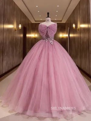 Chic Strapless Pink Ball Gown Prom Dress Princess Formal Dress Evening Dress #QWE046