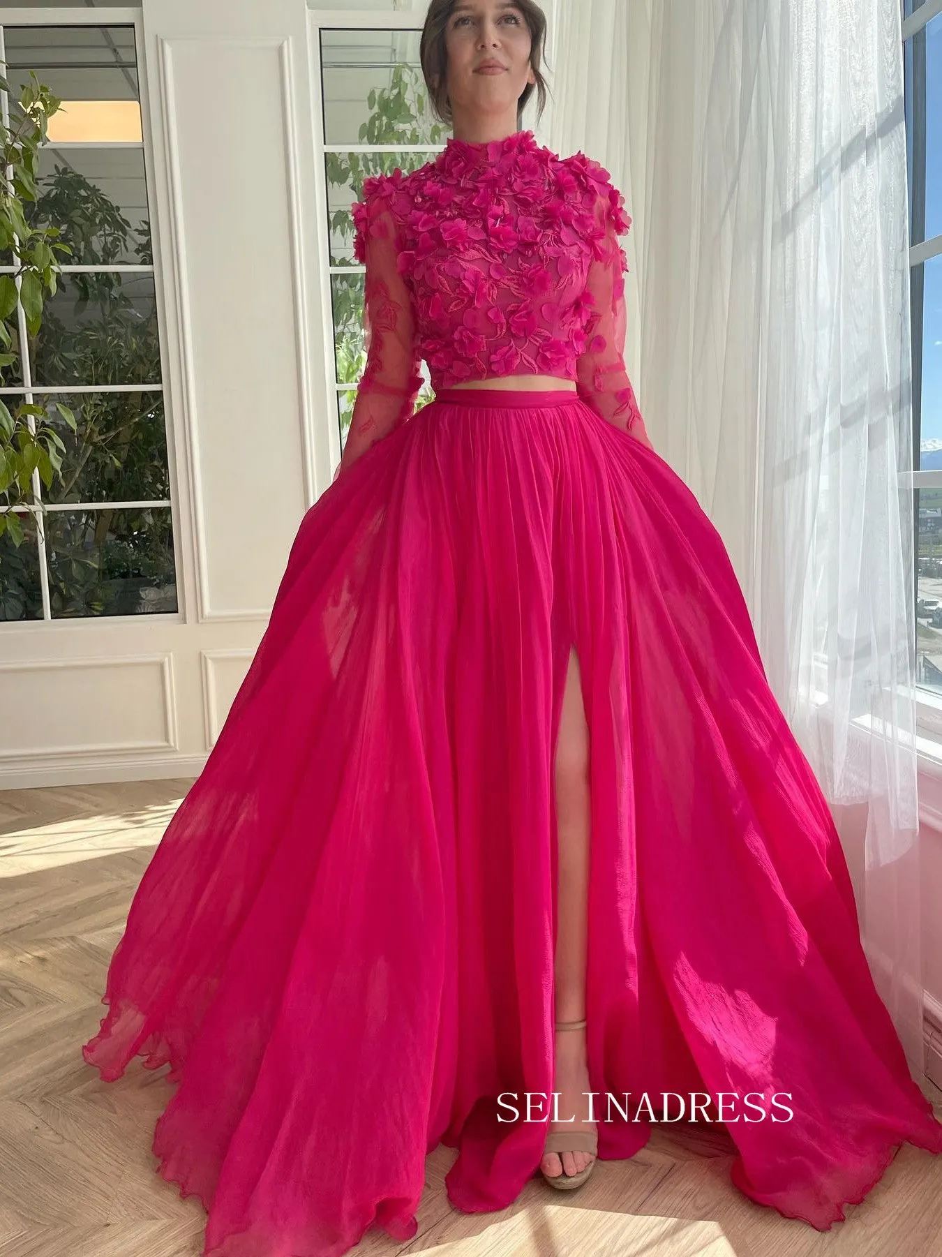 Chic Two Pieces High Neck Chiffon Long Sleeve Prom Dress Elegant Party Dress #kop141