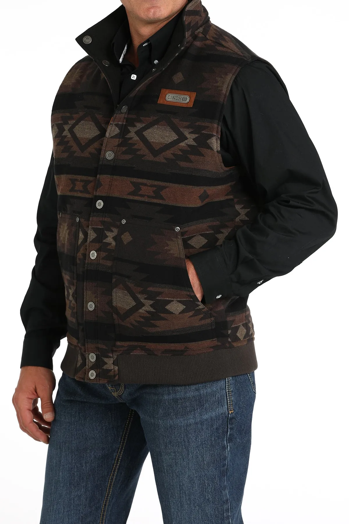 Cinch Men's Brown/Black Quilted Reversible Vest/Reverses to Aztec Design