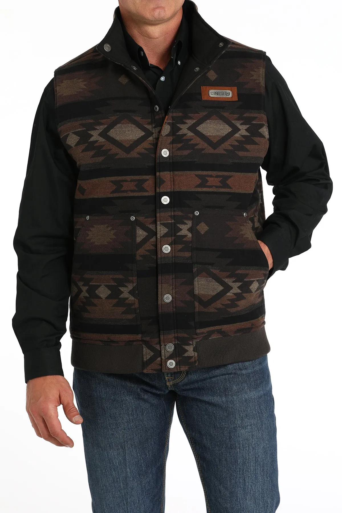 Cinch Men's Brown/Black Quilted Reversible Vest/Reverses to Aztec Design