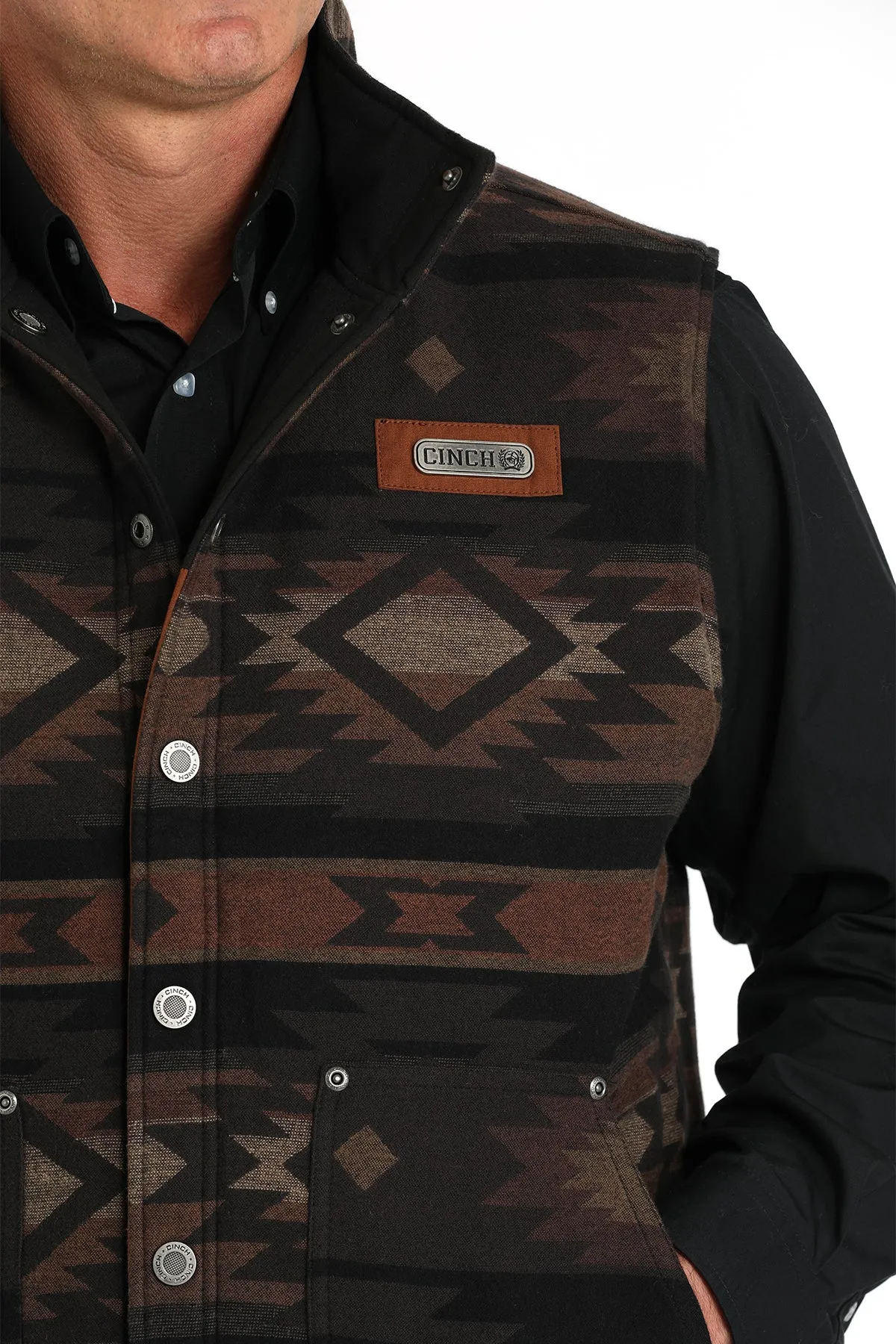 Cinch Men's Brown/Black Quilted Reversible Vest/Reverses to Aztec Design