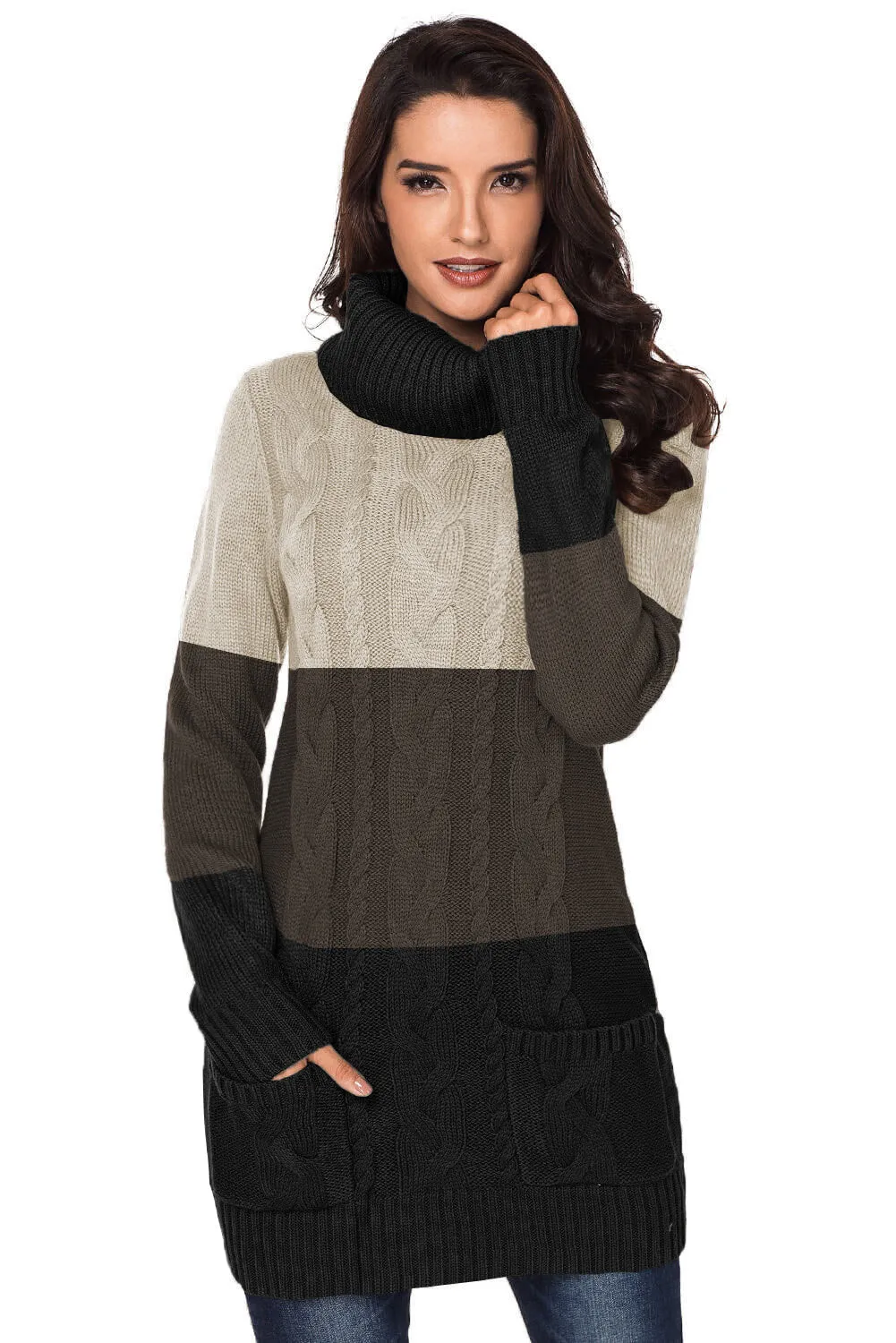 Colorblock Cowl Neck Cable Knit Sweater Mini  Dress