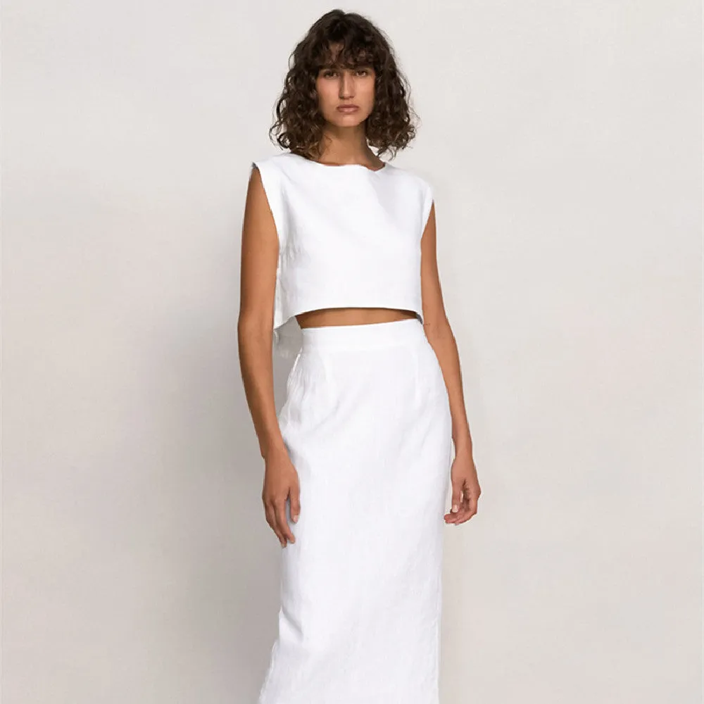 Cotton Sleeveless Top Straight Skirt White Suit