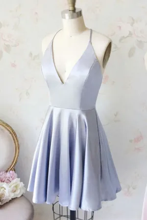 Cute Light Blue V Neck Satin Homecoming Dresses, Short Prom Dresses, Light Blue Graduation Dresses, Formal Dresses