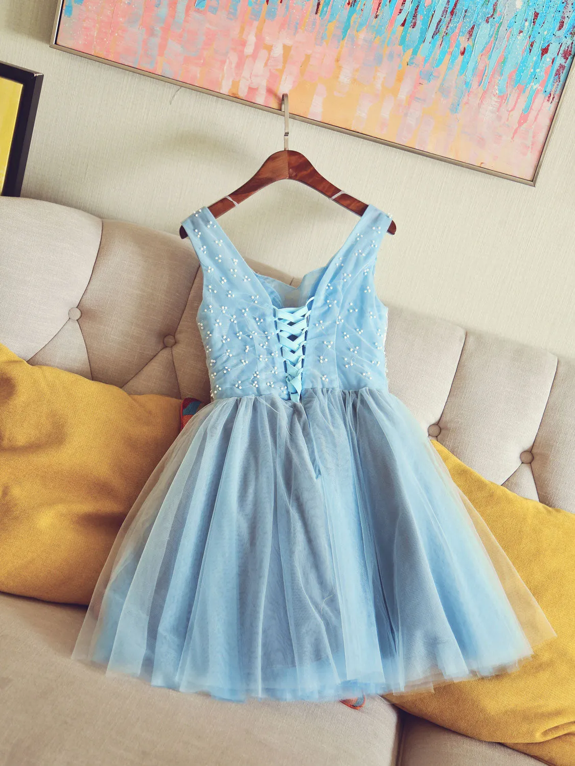 Cute V Neck Light Blue Tulle Lace Short Prom Dress Blue Homecoming Dress