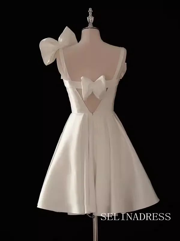 Cute White Short Prom Dress A-line Straps Cocktail Dress With Bow #EWR009