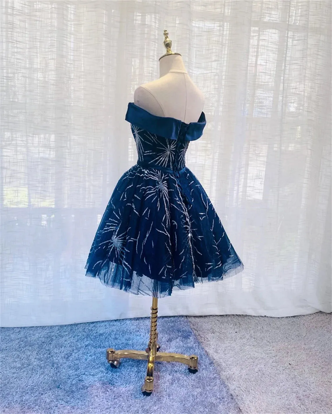 Dark Blue Tulle Off Shoulder Knee Length Party Dress Blue Homecoming Dresses