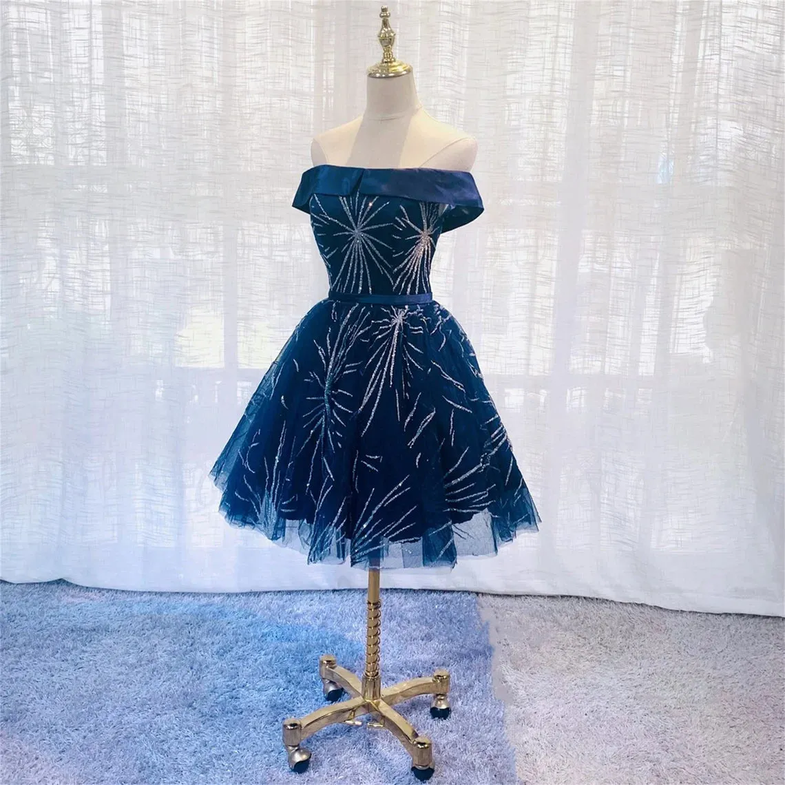 Dark Blue Tulle Off Shoulder Knee Length Party Dress Blue Homecoming Dresses