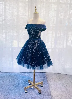 Dark Blue Tulle Off Shoulder Knee Length Party Dress Blue Homecoming Dresses