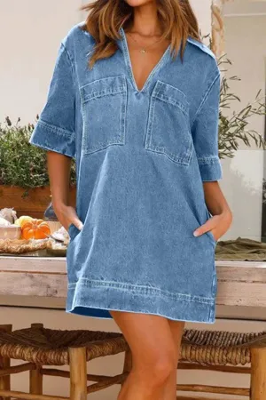 Denim Lapel V Neck Mini Dress