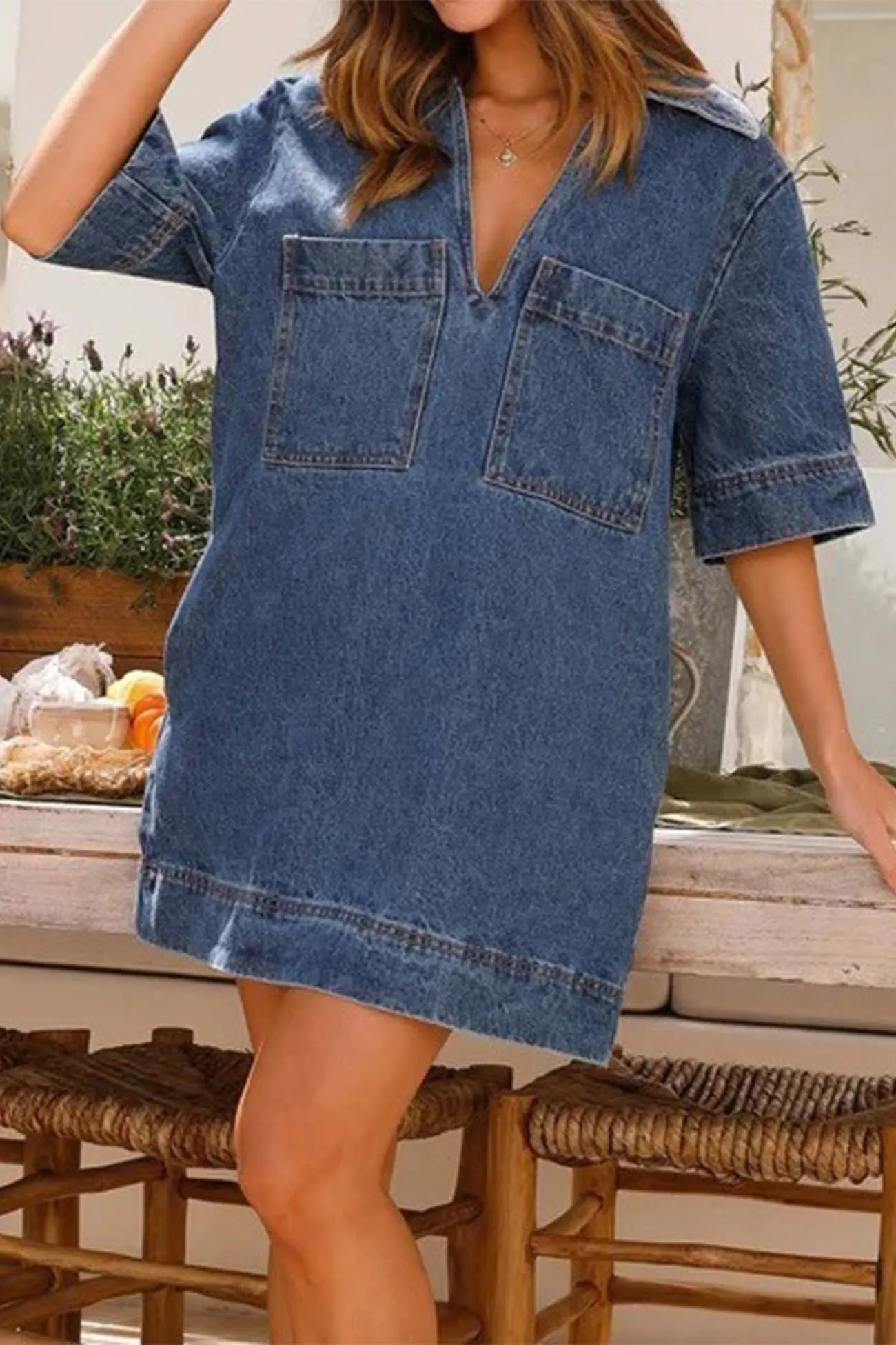 Denim Lapel V Neck Mini Dress