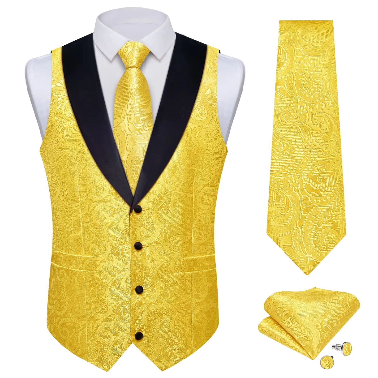 DiBanGu Flavescent Yellow Floral Silk Shawl Collar Mens Dress Vest Tie Set